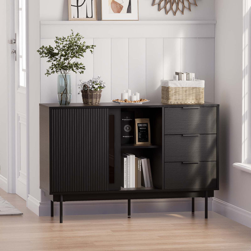 Black Wood Sideboard with Sliding Doors and Drawers, 47" x 31.5"