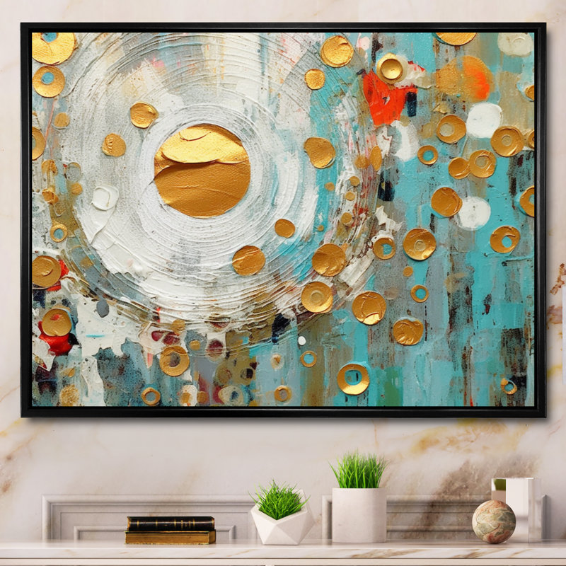 «Gold Turquoise Geometric Reflections I», reproduction d'art sur toile, H 34 po x l 44 po, Cadre flottant noir