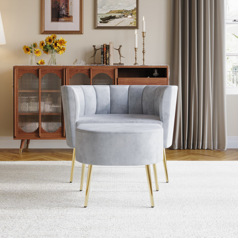 Fauteuil rembourré avec repose-pieds Keighley, Velours gris argenté