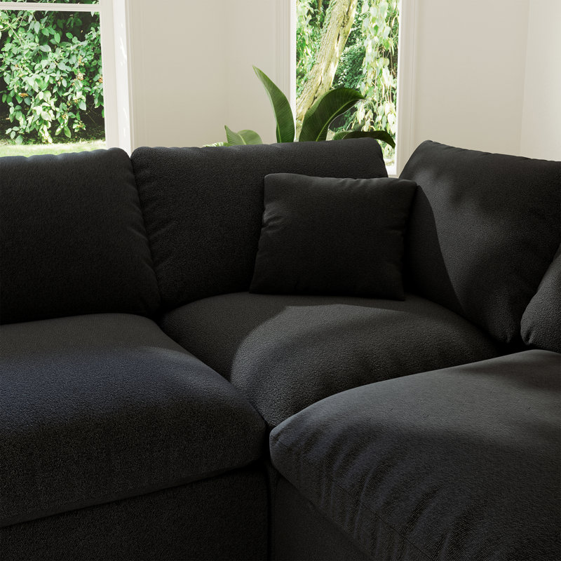 Upholstered Cloud Sofa Couch, Modular Sectional Sofa L-shaped Sofa with Ottoman for Living Room Bedroom, Black