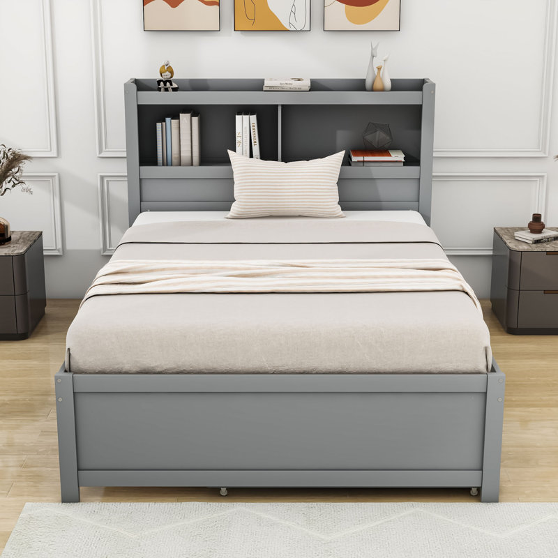 Leanni Full 3 Drawers Wood Platform Bed with Twin Size Trundle and USB Ports, Gray
