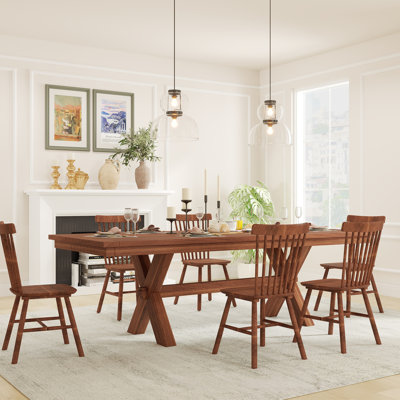 Mid Century Windsor Back Solid Wood Dining Chair, Farmhouse Slat Back Side Chair For Kitchen/Dining Room/Restaurant (Set of 6) 