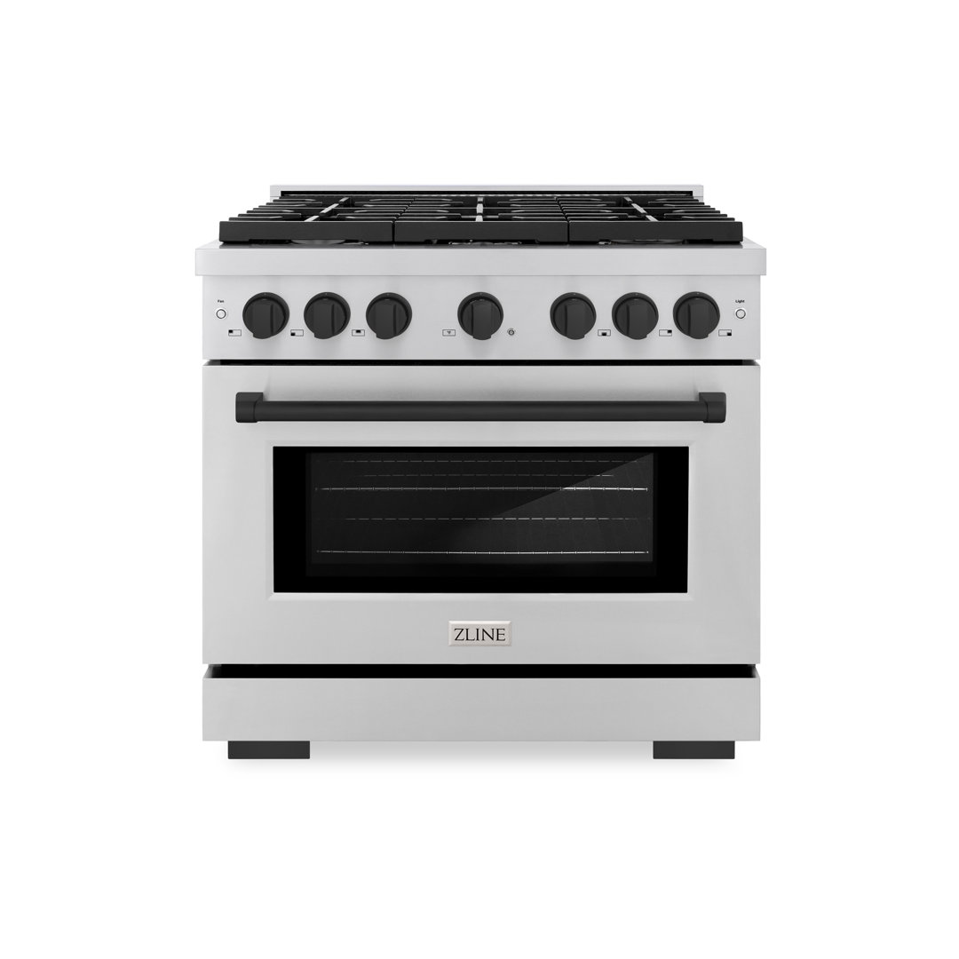 ZLINE Autograph Edition 36 in. 5.2 cu. ft. Paramount Dual Fuel Range W/ 6 Burner Gas Cooktop & Electric Convection Oven in Stainless Steel W/ Matte Black Accents (SDRZ-36-MB) ZLINE