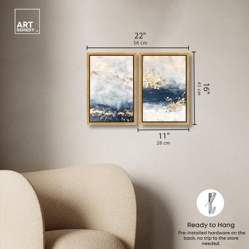 «Gilded Coastal Calm Blue Art», ensemble de 2 impressions sur toile par , H 16 po x l 11 po, Doré