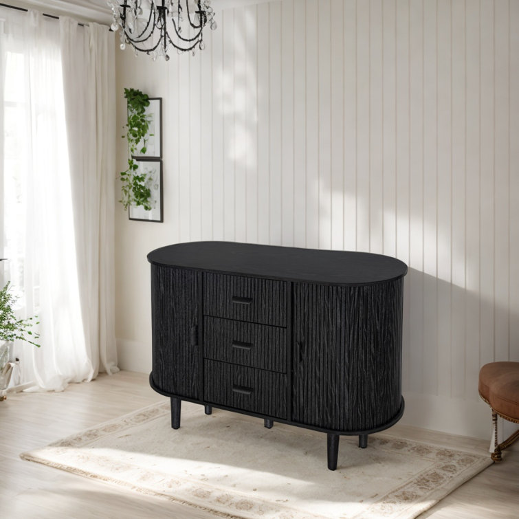 Modern Sideboard Buffet Storage Cabinet With Sliding Tambour Doors, 3 Drawers For Living And Dining Room