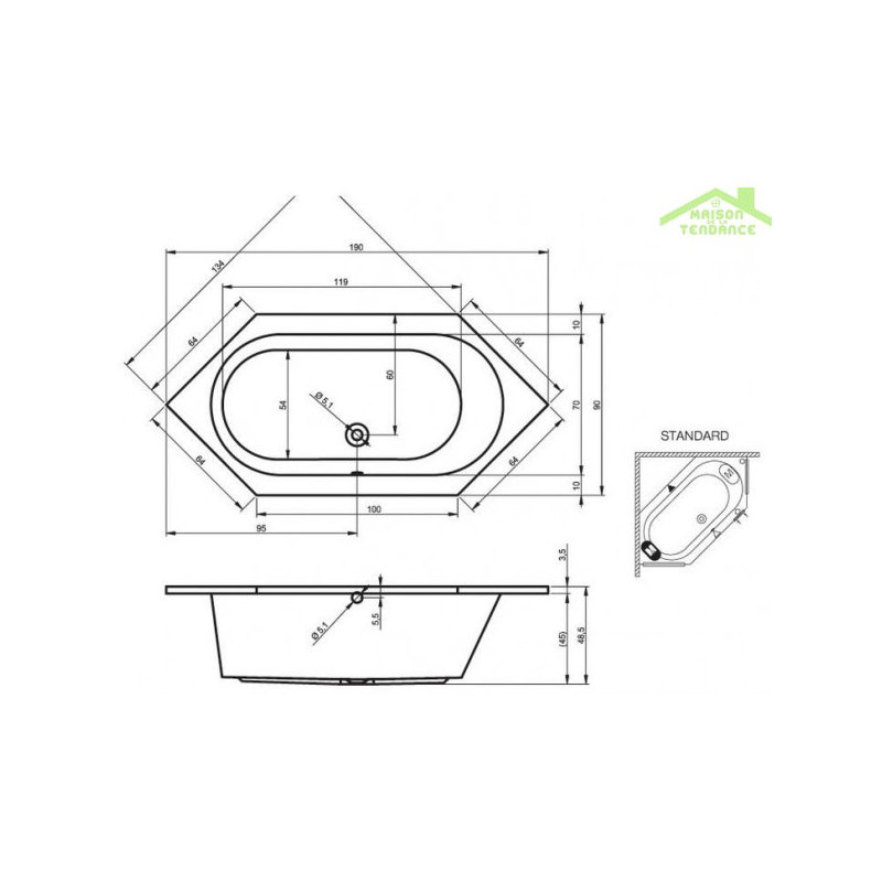 1900mm x 640mm Standard Acrylic Bathtub