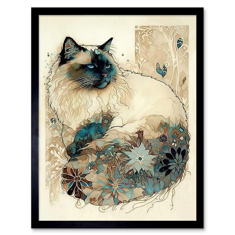 Ragdoll Cat With Floral Pattern Tail Modern Watercolour - Single Picture Frame Print