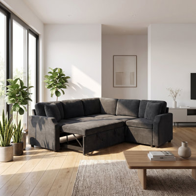 Canapé-lit coulissant en L 81,9 po avec rangement caché, revêtement en chenille et accoudoirs courbés pour le salon, l’appartement