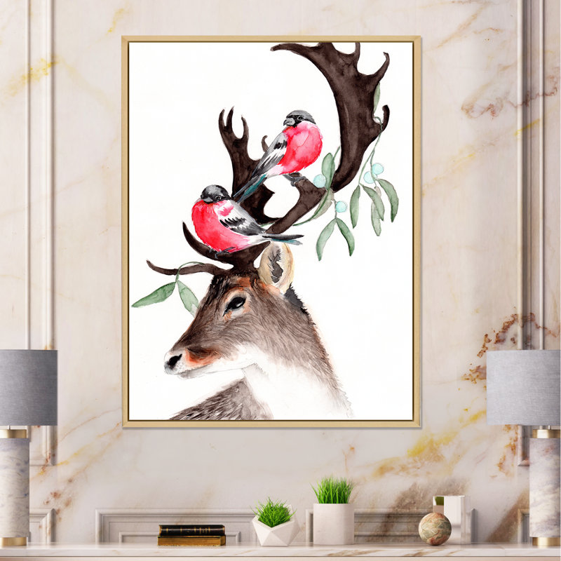 Cerf avec deux bouvreuils rouges - reproduction sur toile, Cadre en érable, H 40 po x l 30 po