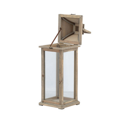 Set of 2 Rustic Ivory Wood & Glass Floor Lanterns, 28.5" & 30" Tall