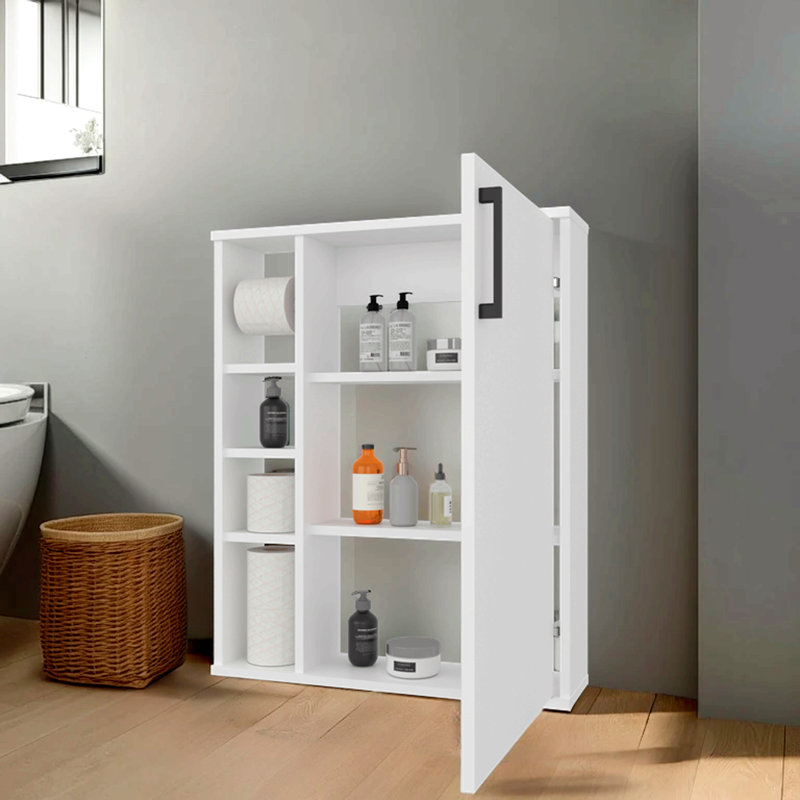 Armoire de salle de bain, 4 tablettes ouvertes, 1 porte, blanc