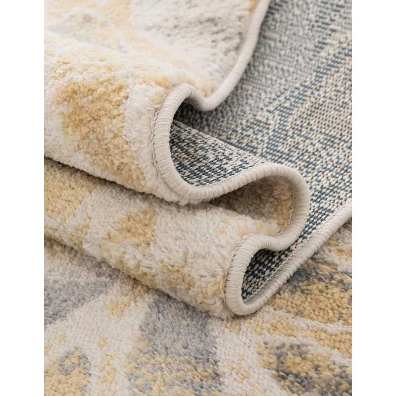 Aamia Abstract Gray/Blue Area Rug, Yellow, Square 8'
