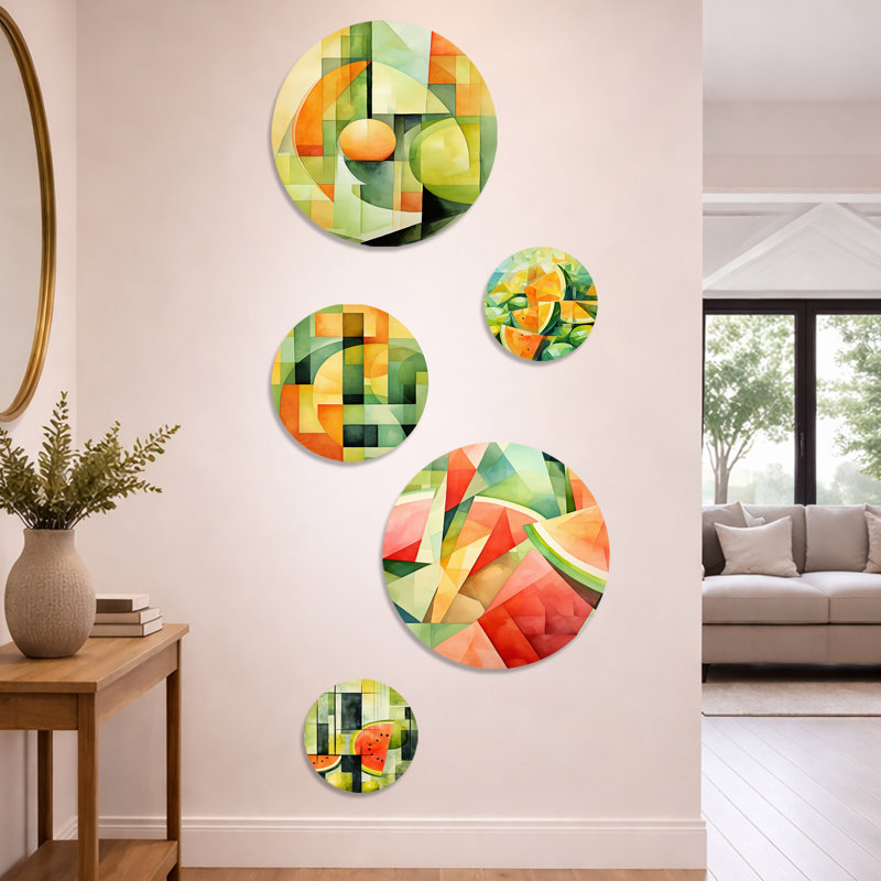 Ensemble de 5 pièces d'art mural en métal vert et jaune motif melon d'eau 3