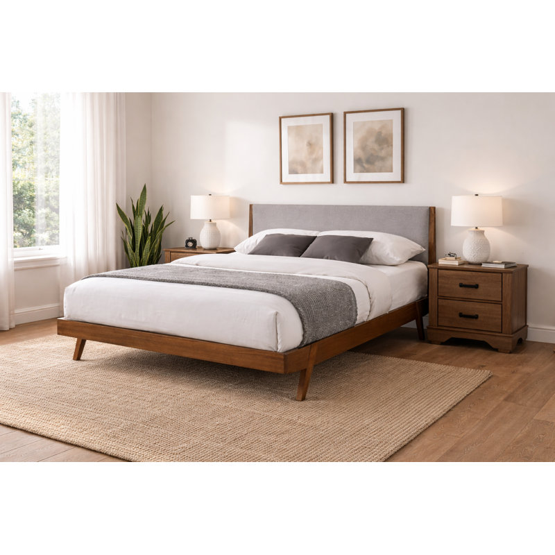 Aeris Mid-Century Upholstered Platform Full Bed in Walnut