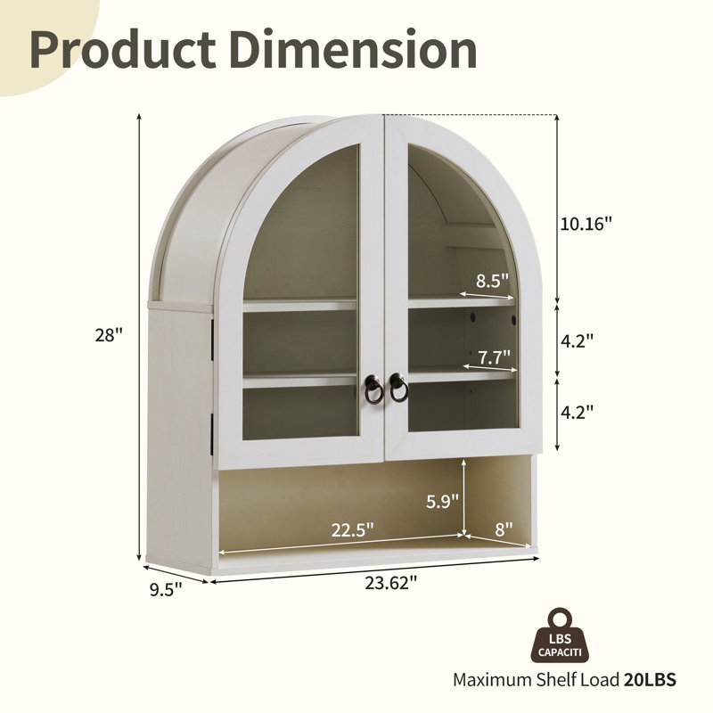  Ahart Bathroom Arched Wall Cabinet with 2 Glass Doors & Open Shelf, 23.6'' Wide Over The Toilet Storage Wall Mount Cabinet