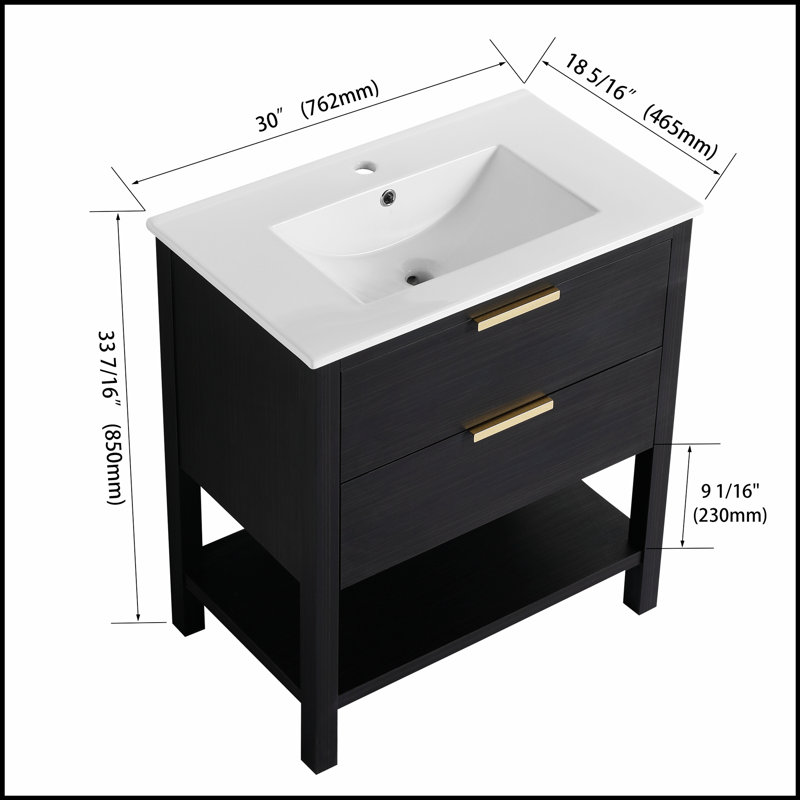 Meuble-lavabo de 30 pouces avec lavabo et 2 tiroirs à fermeture en douceur, durable et élégant pour les salles de bain modernes