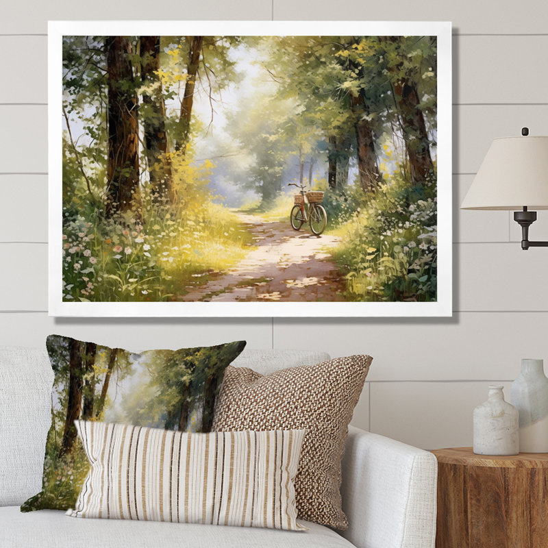 Bicycle Serene Bicycle Path II - Transportation Wall Art Prints, White Single Picture Framed, 12" H x 20" W x 1" D
