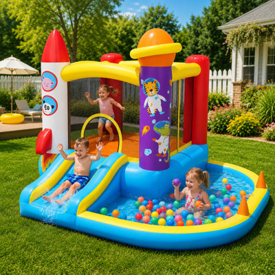 Inflatable Bounce House with Slide and Ball Pit - Indoor/Outdoor Bouncy Castle for Toddlers 3-6 - Includes 370W Blower, Carry Bag & Play Accessories