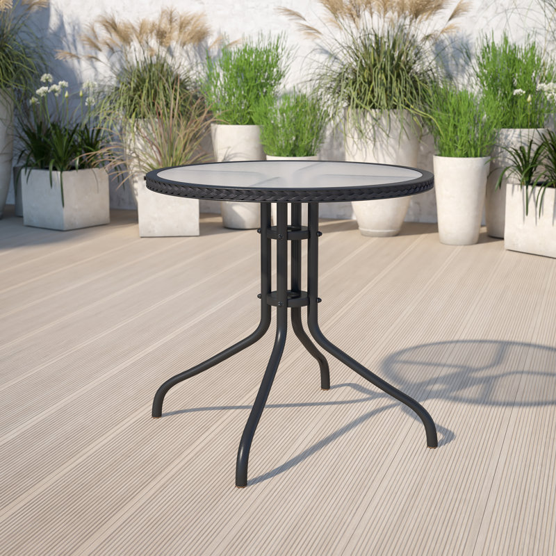 Amlie 28'' Round Tempered Glass Metal Table with Rattan Edging, Black