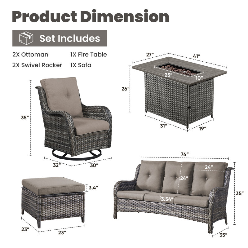 Deb 6-Pieces Outdoor PE Wicker Patio Conversation Set with Fire Pit, Ottomans and Cushions, Gray, Gray