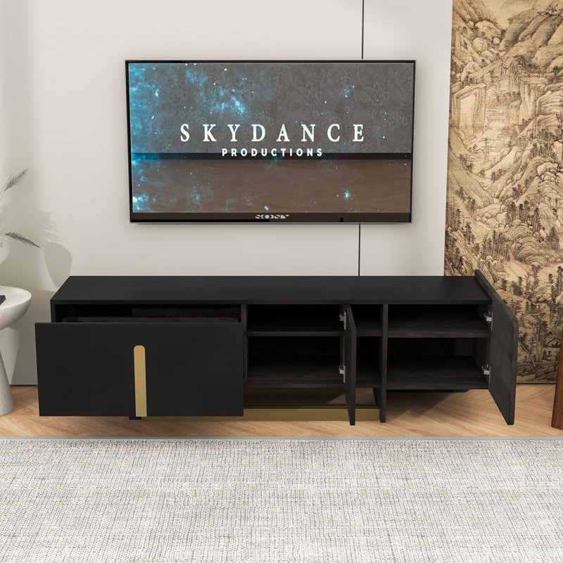TV Stand with 1 Drawer, 2 Cabinets, Adjustable Shelves and Metal Legs, Black
