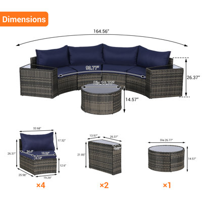7 - Piece Half-Moon Outdoor Wicker Round Sectional Sofa Set with Coffee Table for Patio, Garden, Deck, Pool