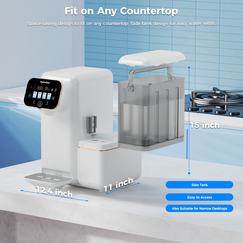 Filtration à 6 étapes pour purificateur d'eau de comptoir avec stérilisation et reminéralisation aux rayons UV sans installation, purificateur d'eau de comptoir à écran tactile Smart TDS sans installation, distribution d'eau quantifiée pour véhicule personnel