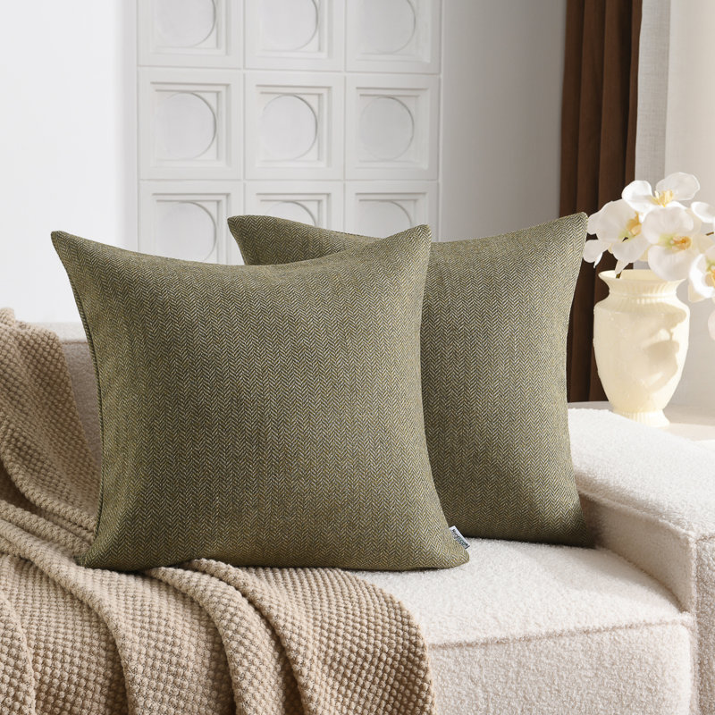 Wool Mixed Modern Boho Farmhouse Felt Herringbone Tweed Chevron Reverisable Pillow Covers, Green, 18"H x 18"W