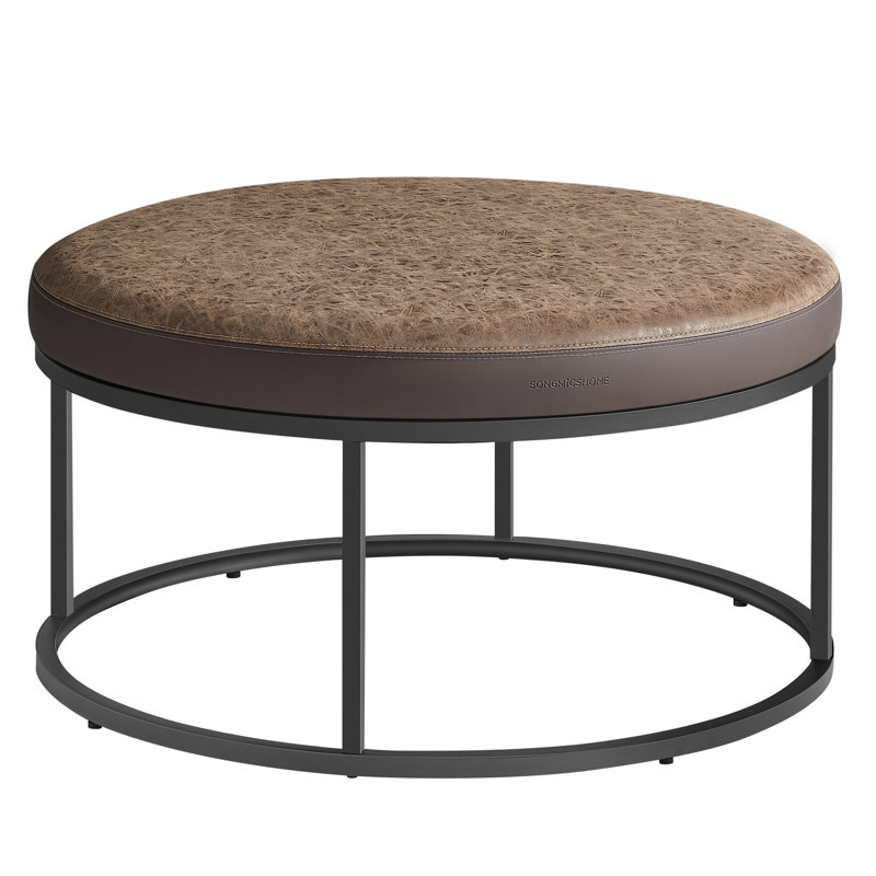 78cm Wide Faux Leather Round Footstool Ottoman, Brown
