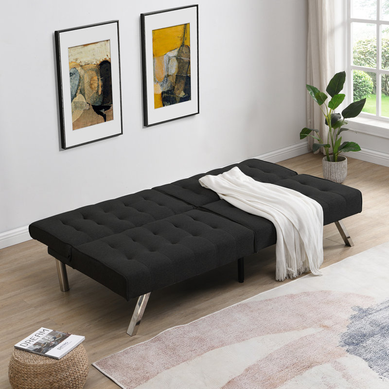 Lit 2 places noir avec structure en bois et tissu en faux lin, Noir