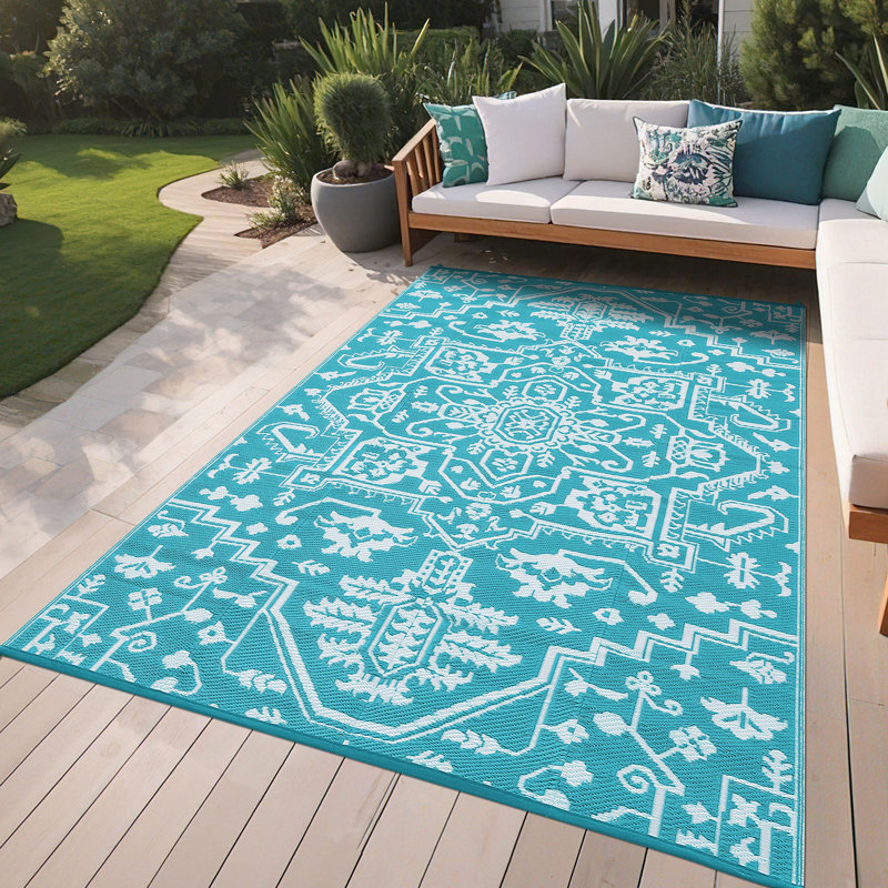 Large Waterproof Outdoor Rug Reversible Plastic Straw Patio Rug, UV-Resistant Vintage Medallion Carpet, Easy-Cleaning Portable RV Mat for Deck