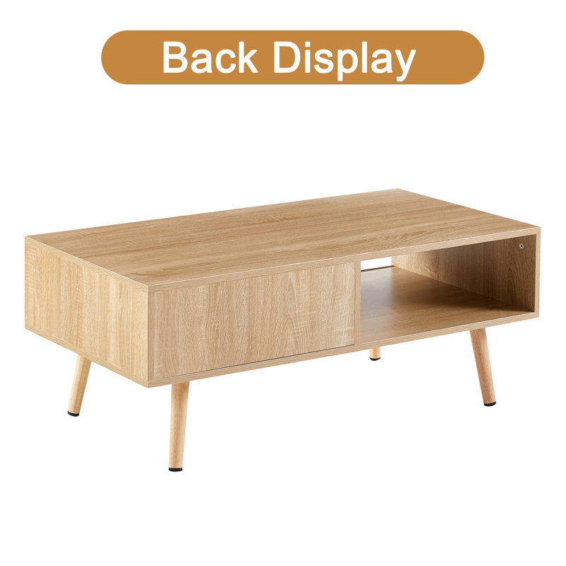 Natural Wood Mid Century Modern Coffee Table with Rattan Storage