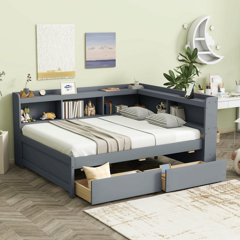 Lit en forme de L avec bibliothèques avec prises de courant, ports de chargement USB, deux tiroirs, Gris, Lit double