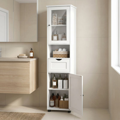 Space Saving Tall Slim Freestanding Bathroom Cabinet with Open Shelf Glass Door Water Resistant Feet