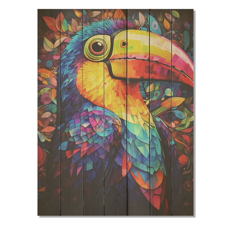 Jaune et bleu, jungle tropicale toucan I - animal toucan sur bois, H 32 po x l 24 po