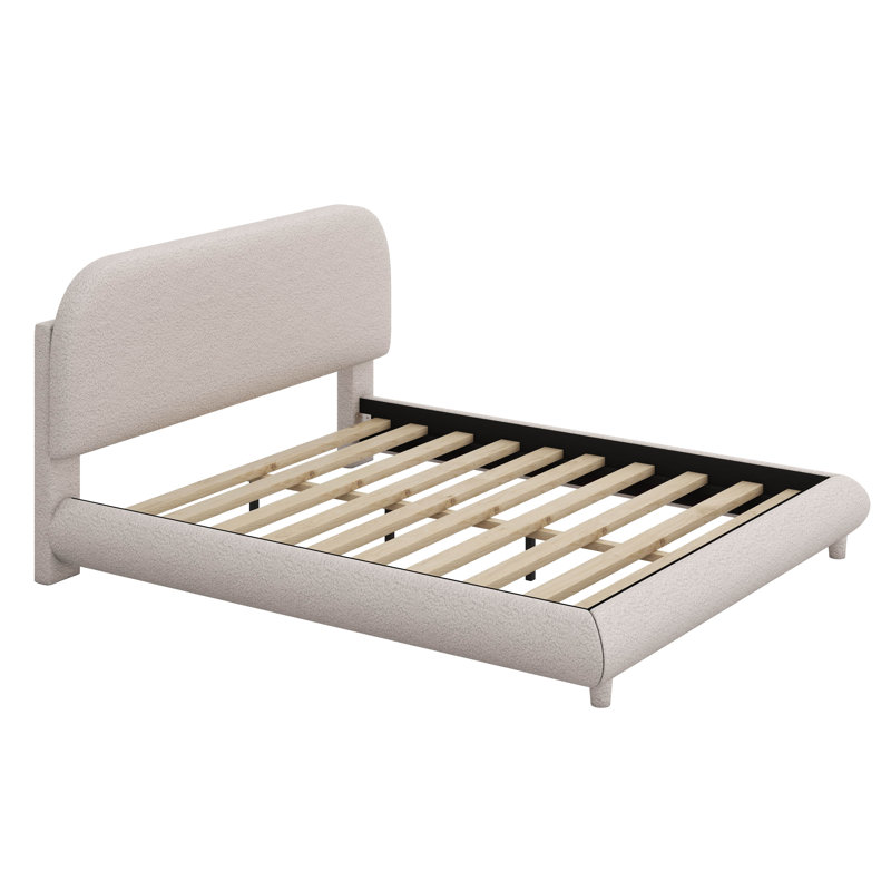 Lit plateforme en tissu d'ameublement Teddy, Beige, Grand lit