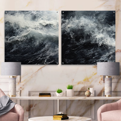 Noir et blanc vague tempête - océan acrylique ensemble d'art mural en verre de 2