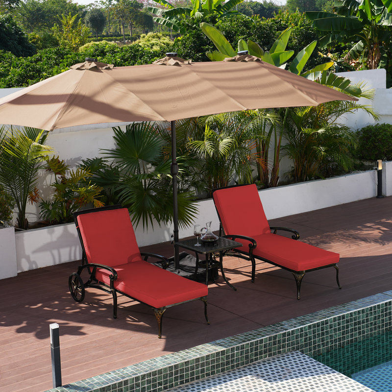 Outdoor Metal Chaise Lounge Set with Coffee Table (Set of 2), Red
