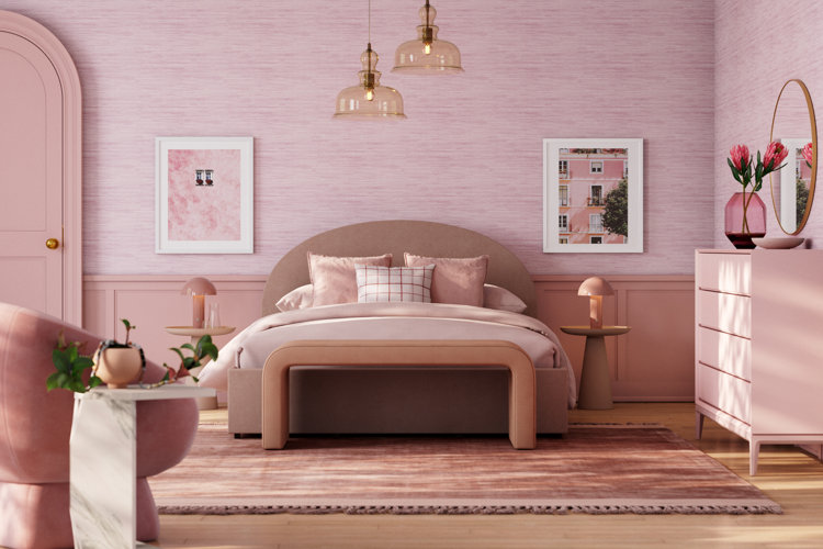 A monochrome pastel pink bedroom with pink walls, modern pink bedroom furniture, and a pink area rug.