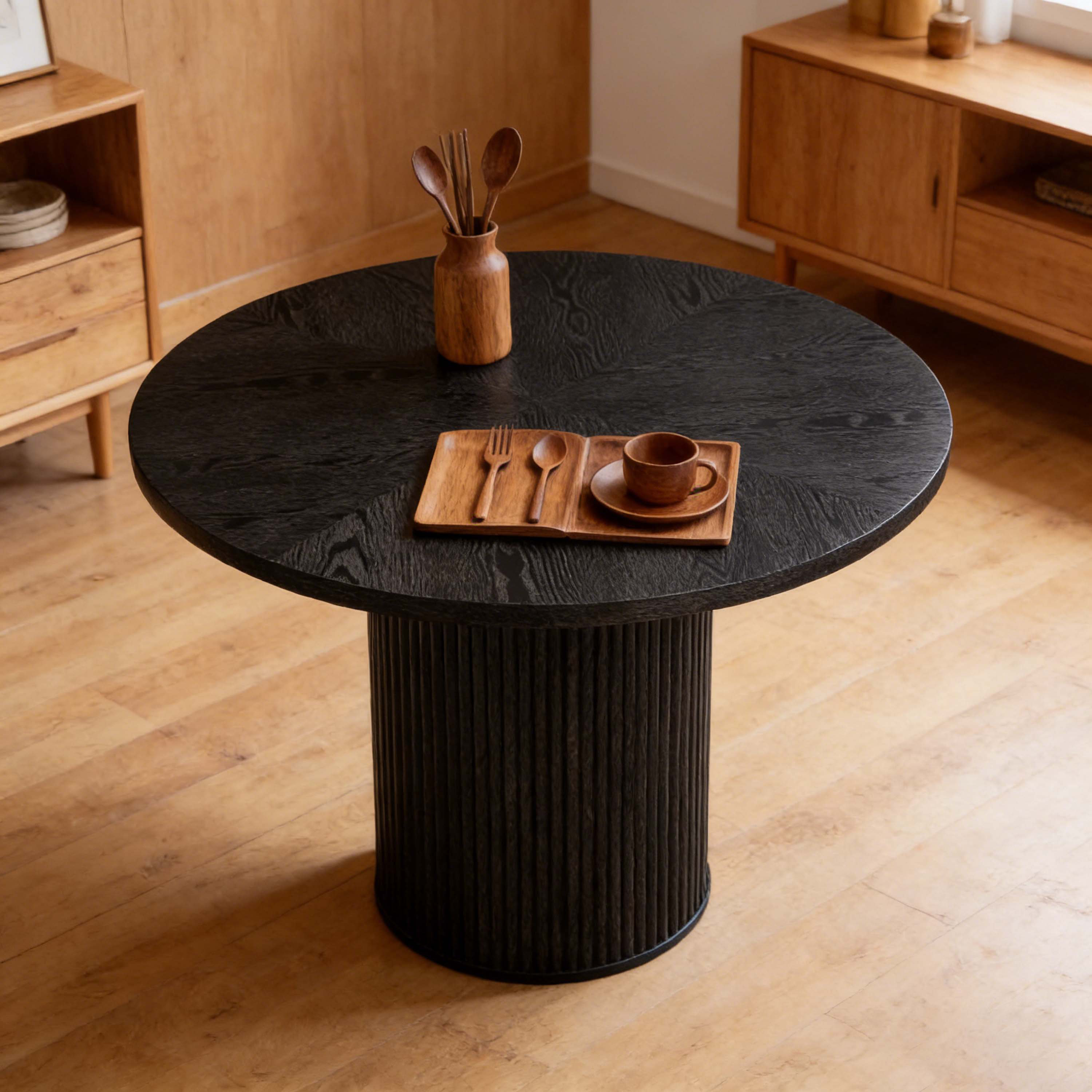 Ivy Bronx 42" Modern Black Wood Round Dining Table With Fan-Shaped ...