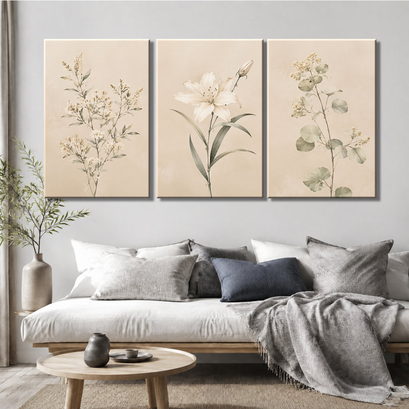 Tableau mural à 3 panneaux, motif botanique neutre de lys et d'eucalyptus, impression sur toile, décoration murale florale