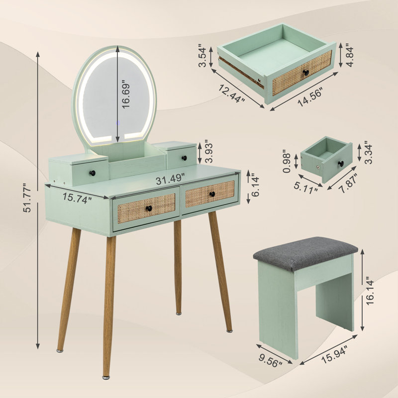 Iesa Boho Natural Rattan Vanity with LED Mirror and Stool