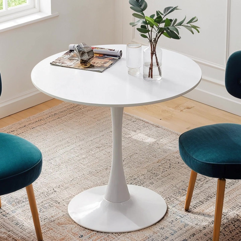 Table de salle à manger moderne 23,6 po avec plateau en panneau de fibres à densité moyenne et base en acier, Blanc, Blanc