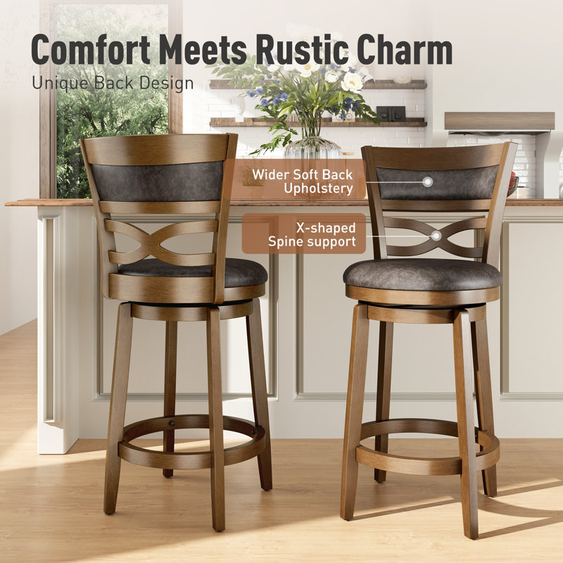26” Vintage Upholstered Wood Counter Stool With Wide Back And Faux Leather Seat, 1, Counter Stool (26" Seat Height)