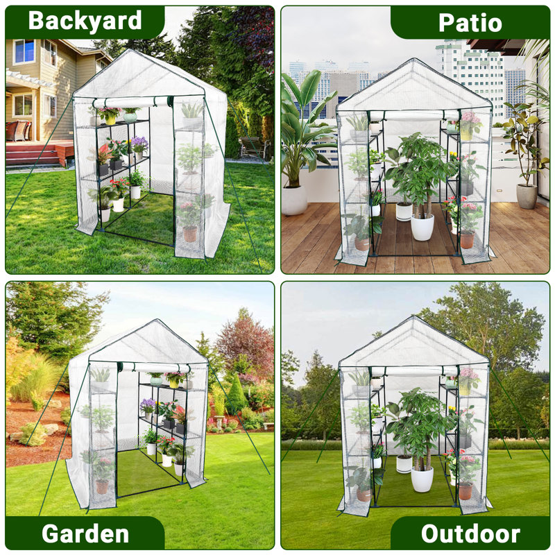 Spacious Walk-In Greenhouse for Outdoor Gardening with 6 Sturdy Shelves, Durable Steel Frame, Roll-Up Zippered Door & Anchors with Ropes for Stability in Garden or Patio, 143x143x195cm (White)
