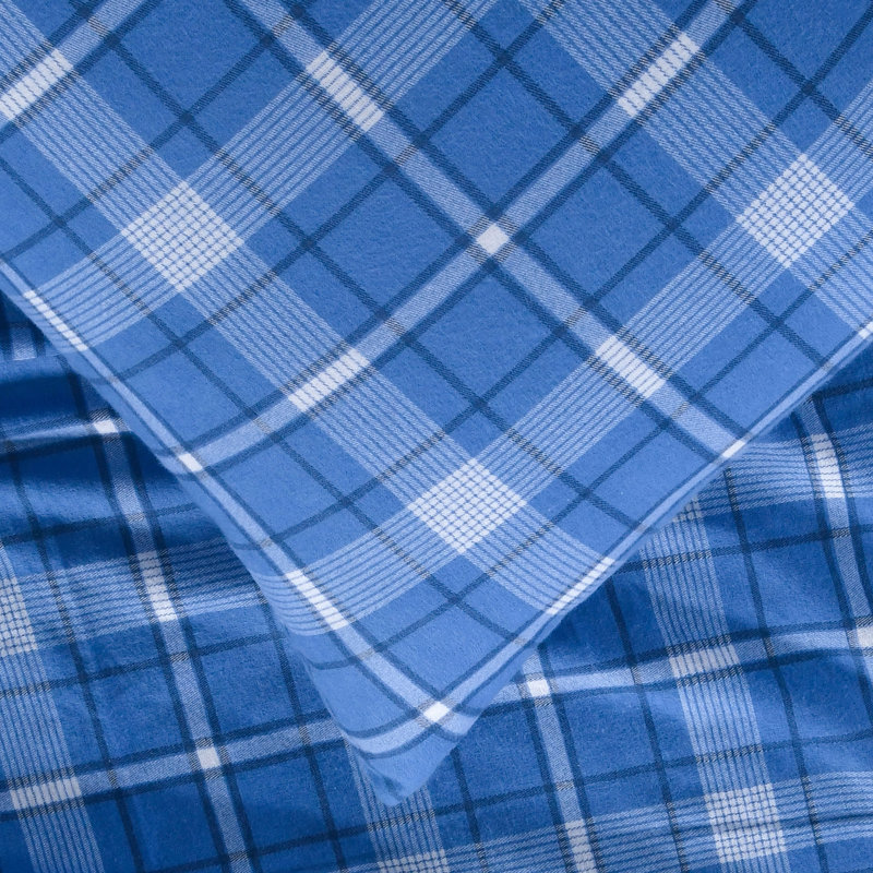 Ensemble de literie en flanelle 100 % coton, Carreaux bleu foncé, Ensemble de draps pour très grand lit californien