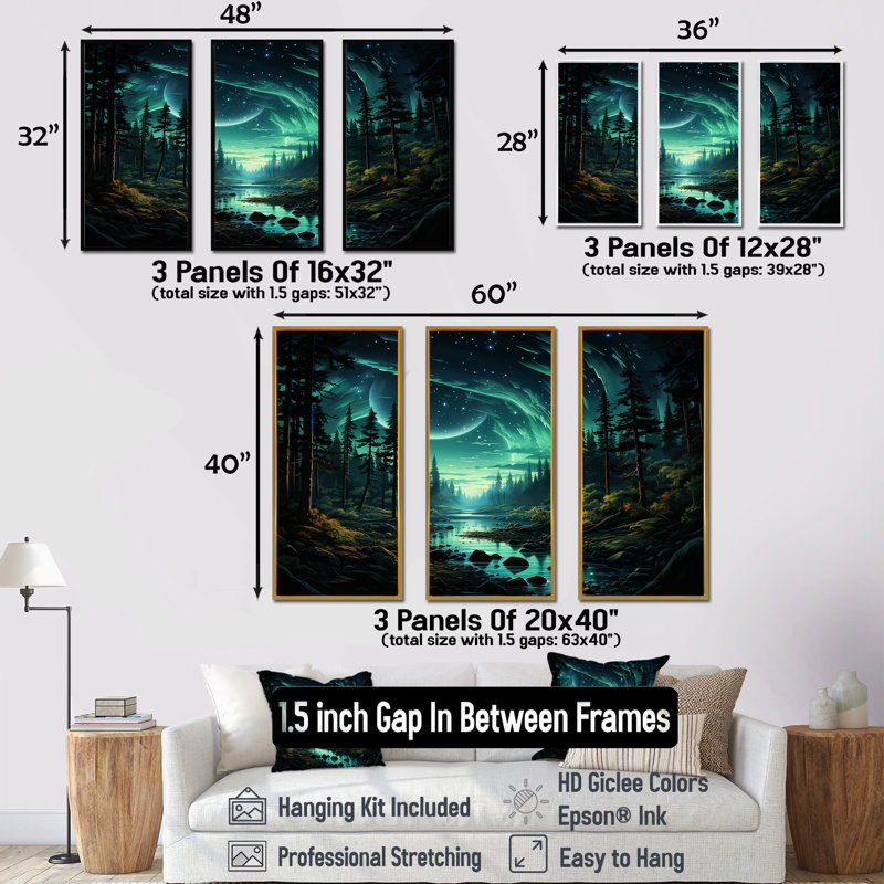 Northern Lights Forest Dreams I - forêt et rivière, art mural, H 28 po x l 36 po, Cadre flottant noir