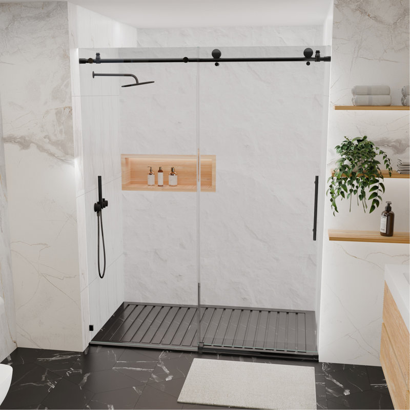 56-60"W X 76"H Frameless Shower Door, Sliding Shower Door, With Premium 5/16"(8Mm)Thick Tempered Glass Shower Enclosure ,Chrome Matte Black With Buffer, Kd