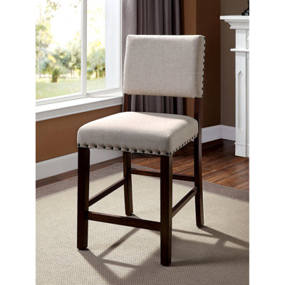 De 2 chaises de salle à manger à hauteur de comptoir industrielles, bois de cerisier brun massif, tissu rembourré avec coussin en lin rembourré relaxant et magnifique garniture cloutée pour plus de confort