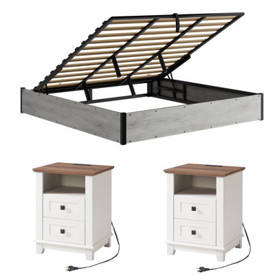 Ensemble de chambre à coucher de ferme 3 pièces avec cadre de lit très grand et 2 tables de chevet, blanc rustique